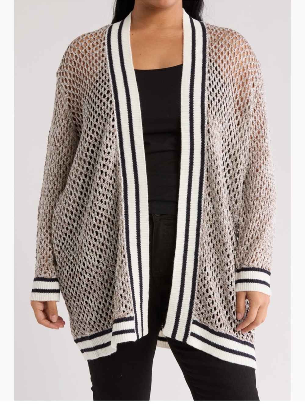 DR2 Varsity Strip Open-Knit Long Line Cardigan